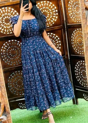 RKK Collection Women Gown Blue Ankle Length Dress