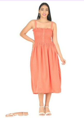 Lufaa Women Fit and Flare Orange Midi/Calf Length Dress