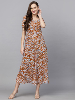 METRONAUT Women Fit and Flare Brown Maxi/Full Length Dress