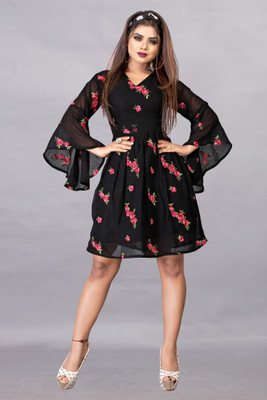 SATVASHIV Women Fit and Flare Black Mini/Short Dress