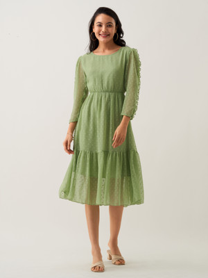 AASK Women Fit and Flare Light Green Midi/Calf Length Dress