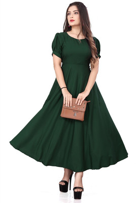 QUEUEE CREATION Women Fit and Flare Dark Green Maxi/Full Length Dress