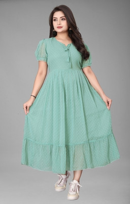 Parth Creation Women Fit and Flare Light Green Ankle Length Dress