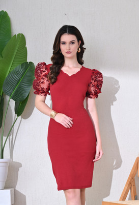 SAKSHI TRADER Women Bodycon Maroon Above Knee/Mid Thigh Length Dress