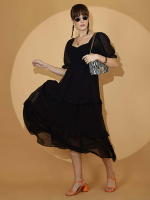 Seek By Sheetal Women Fit and Flare Black Midi/Calf Length Dress