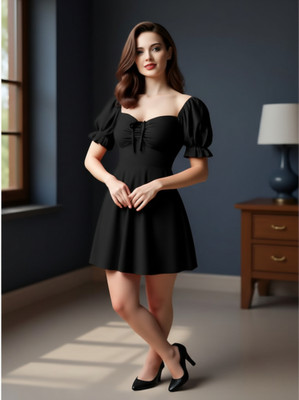 tthe dreams Women Fit and Flare Black Above Knee/Mid Thigh Length Dress