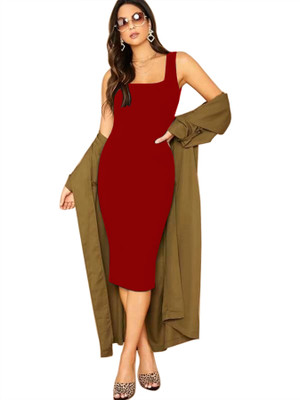 Babisaa Women Bodycon Maroon Below Knee Dress