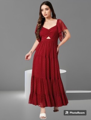 richapparel Women Fit and Flare Maroon Dress