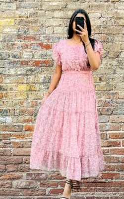 simran collections Women Fit and Flare White Maxi/Full Length Dress