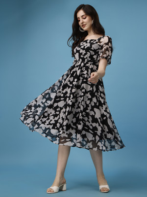 HK SHOPEE Women Fit and Flare Black Midi/Calf Length Dress