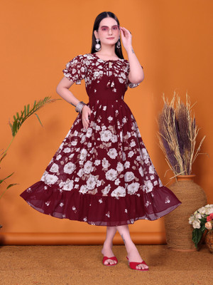 Julee Women Fit and Flare Maroon Midi/Calf Length Dress