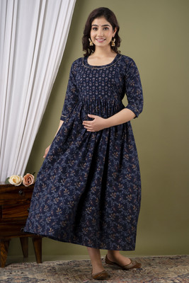 Gora Laxmi Women Printed Flared Kurta(Blue)