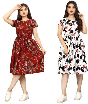 FashhionWorld Women A-line Black, Blue Knee Length Dress