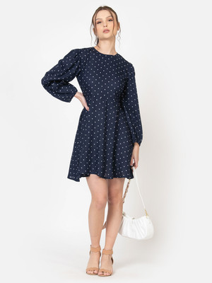 JUNE 9 CLOTHING Women Fit and Flare White, Dark Blue Above Knee/Mid Thigh Length Dress