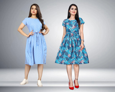 FashhionWorld Women A-line Light Blue, Blue Below Knee Dress