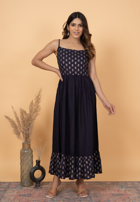 Fantasticss Women A-line Dark Blue, White Midi/Calf Length Dress
