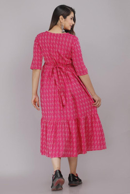 GULABI NAGRI Women A-line Pink, White Midi/Calf Length Dress