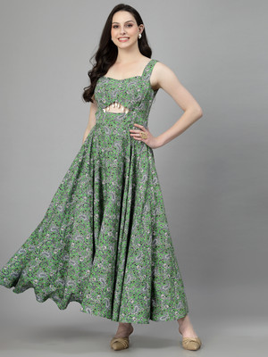 Herway Women Fit and Flare Green Maxi/Full Length Dress