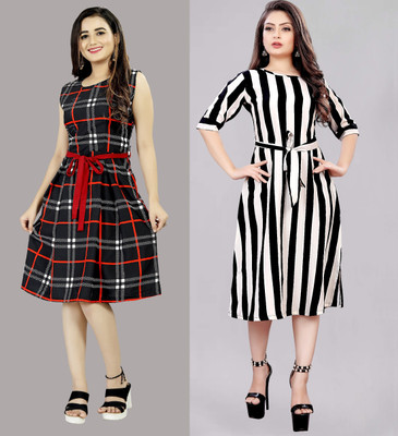 tanvi creation Women Fit and Flare Multicolor Knee Length Dress