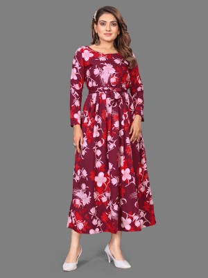 maruti fab Women Fit and Flare Maroon, Red, White Dress