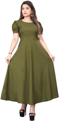 QUEUEE CREATION Women Fit and Flare Green Maxi/Full Length Dress