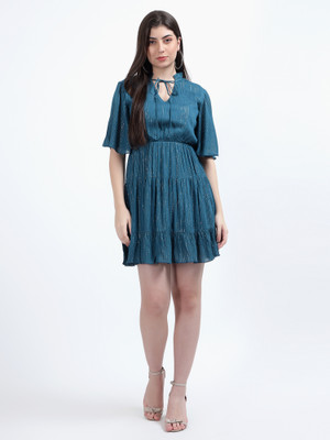 DRAPE AND DAZZLE Women Fit and Flare Blue Above Knee/Mid Thigh Length Dress
