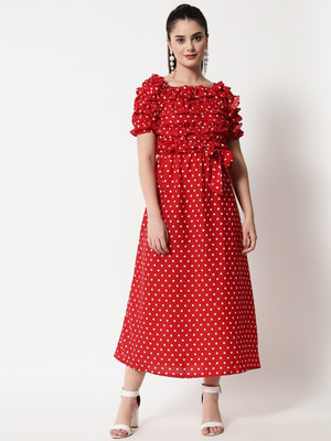 poojagarments Women Fit and Flare White, Red Midi/Calf Length Dress