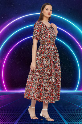 richapparel Women Fit and Flare Beige Maxi/Full Length Dress