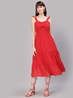 METRONAUT Women Ruffled Red Midi/Calf Length Dress