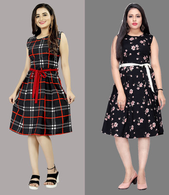 Hiral Creation Women Fit and Flare Black Knee Length Dress