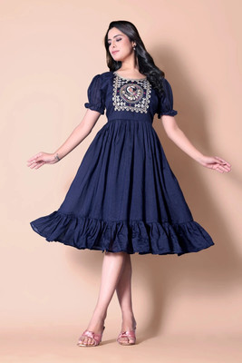 Nautiful Women Fit and Flare Dark Blue Below Knee Dress