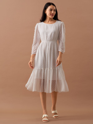 AASK Women Fit and Flare White Midi/Calf Length Dress