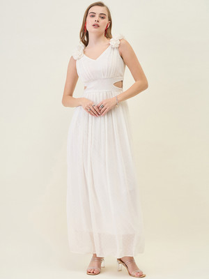 AAYU Women Fit and Flare White Maxi/Full Length Dress