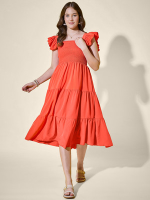 BuyNewTrend Women Ruffled Orange Below Knee Dress