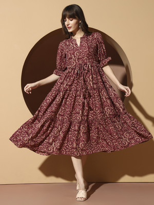 OTABU Women A-line Maroon Midi/Calf Length Dress