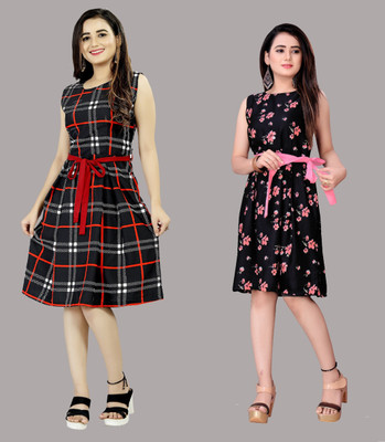 Hiral Creation Women Fit and Flare Multicolor Knee Length Dress