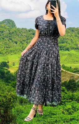 simran collections Women Fit and Flare White Maxi/Full Length Dress