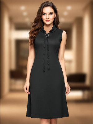 tthe dreams Women Fit and Flare Black Below Knee Dress
