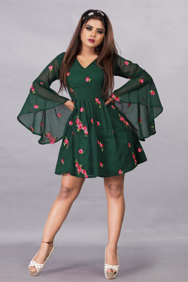 SATVASHIV Women Fit and Flare Green Mini/Short Dress