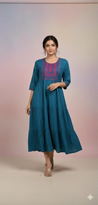 RangAura Women Fit and Flare Blue Midi/Calf Length Dress