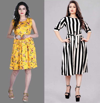 maruti fab Women Fit and Flare Multicolor Above Knee/Mid Thigh Length Dress