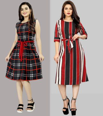 Hiral Creation Women Fit and Flare Red, Black, White Knee Length Dress