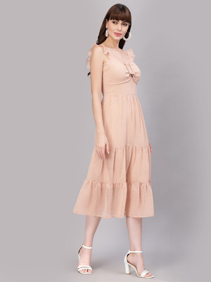 METRONAUT Women Ruffled Pink Midi/Calf Length Dress