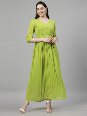 Herway Women Fit and Flare Light Green Maxi/Full Length Dress