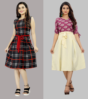 Hiral Creation Women Fit and Flare Multicolor Knee Length Dress