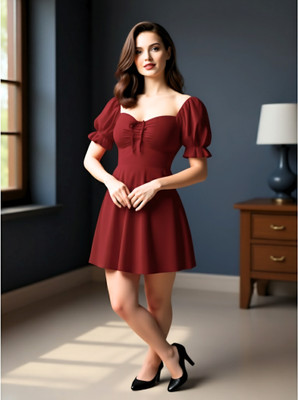tthe dreams Women Fit and Flare Maroon Above Knee/Mid Thigh Length Dress