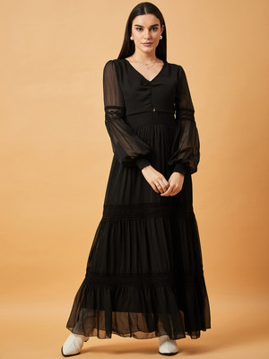 DRAPE AND DAZZLE Women Fit and Flare Black Maxi/Full Length Dress