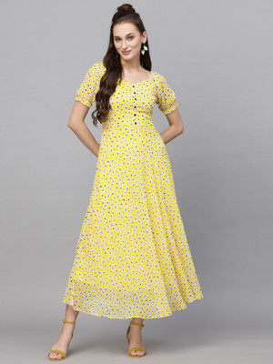 METRONAUT Women Fit and Flare Yellow Maxi/Full Length Dress