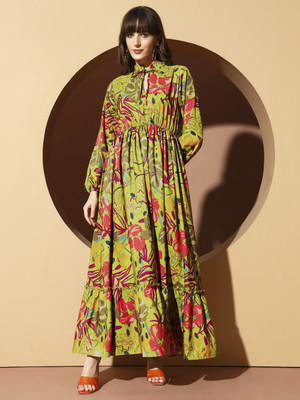 OTABU Women A-line Green Maxi/Full Length Dress