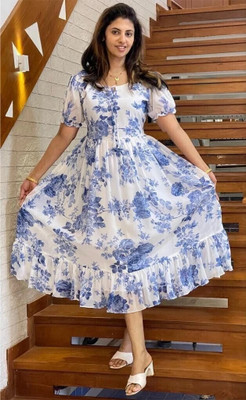 Nautiful Women Fit and Flare Blue Midi/Calf Length Dress